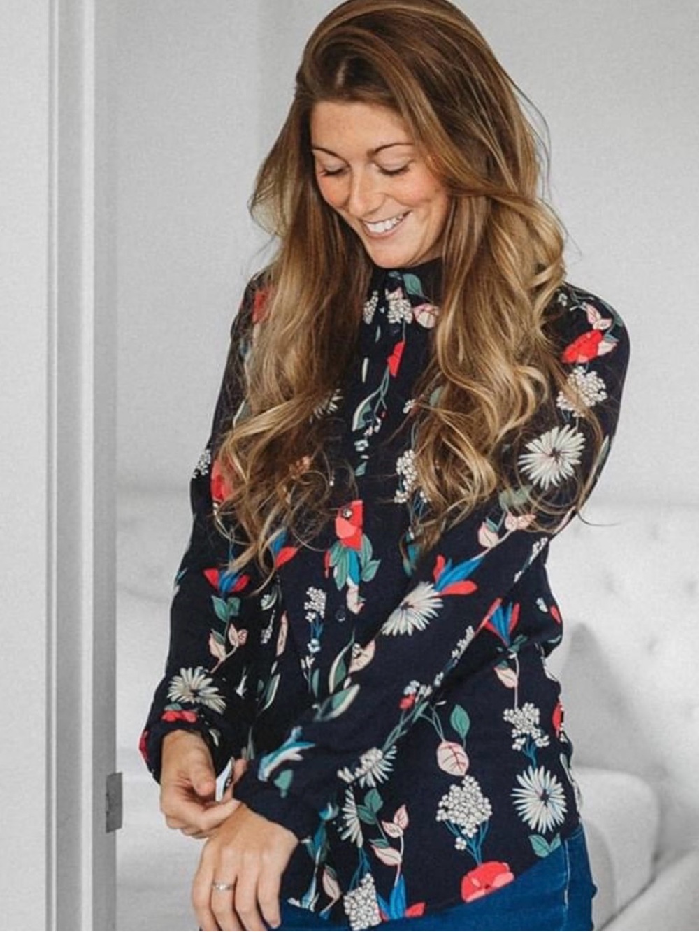 Marilou Floral Button-Up Shirt - Navy  with Pink Floral